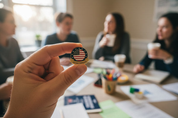 Patriotic Lapel Pins Featuring A Thank You For Your Service American Flag Design Held In Forefront At A Professional Nonprofit Meeting For Veteran Appreciation And Organizational Recognition