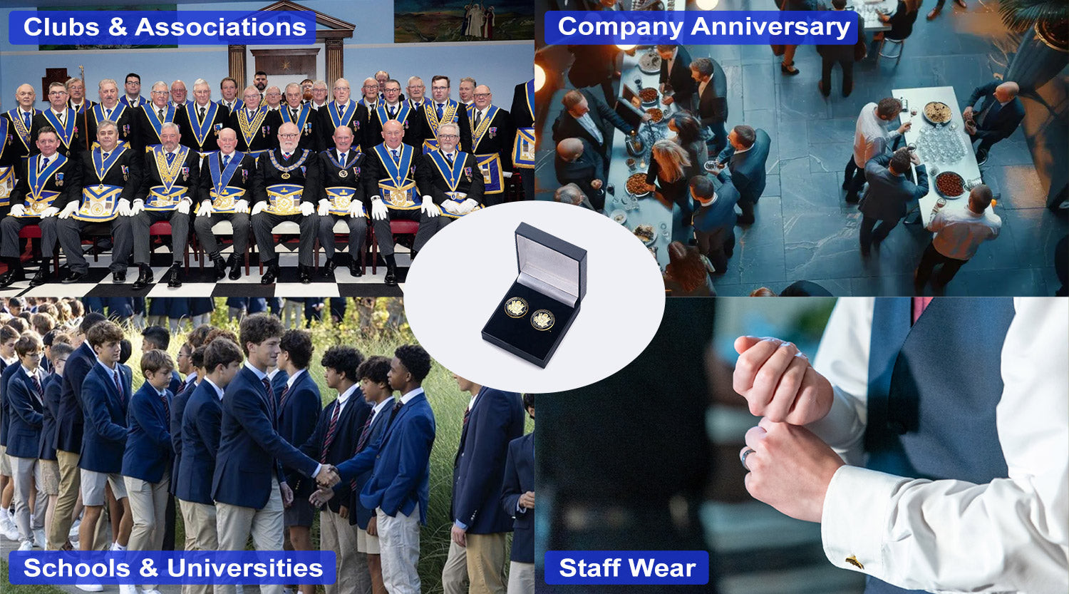 Gold personalized cufflinks featured in a multi-scene collage for clubs, company anniversaries, schools, and staff wear, with a circular highlight on the product.