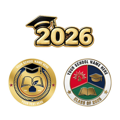 Graduation-themed pins with customizable text