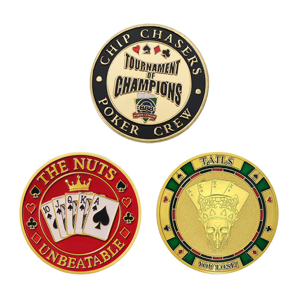 Three poker-themed custom coins with different designs