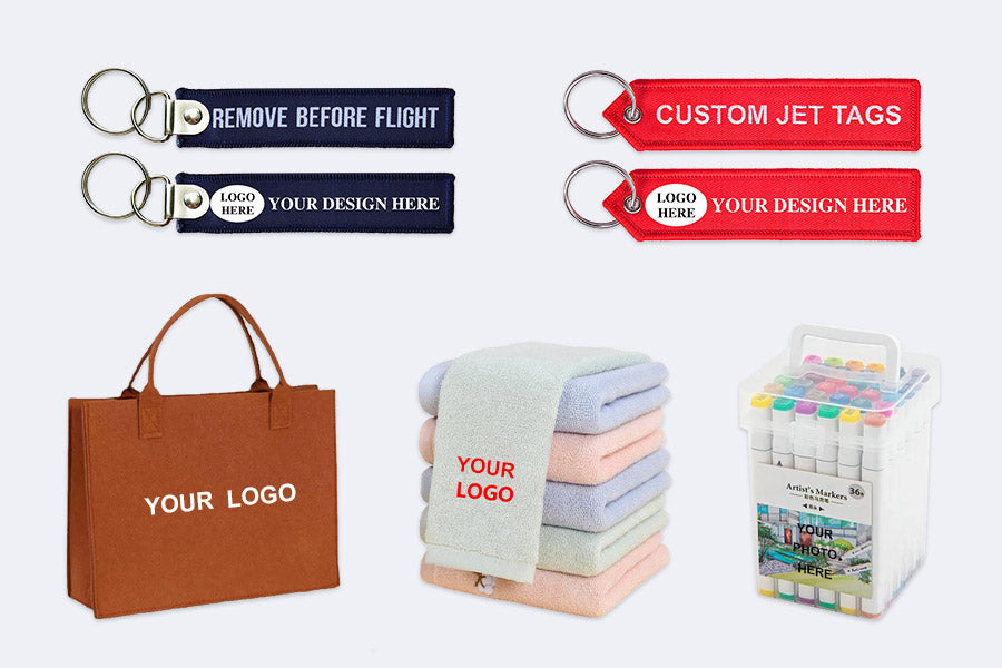 Collection of branded products including remove before flight tag, bags, towels, and pens.