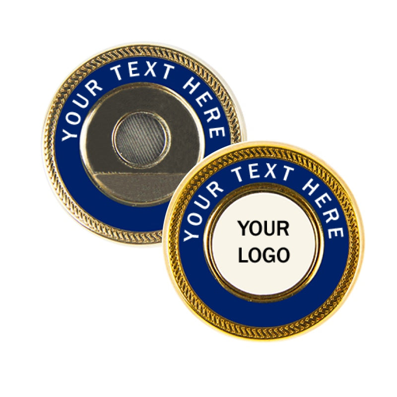 Two magnetic coins with a blue ring, gold edge, and a white center showing "YOUR LOGO HERE". One coin lays flat to show the front text, the other is tilted to reveal the magnetic back for easy attachment.