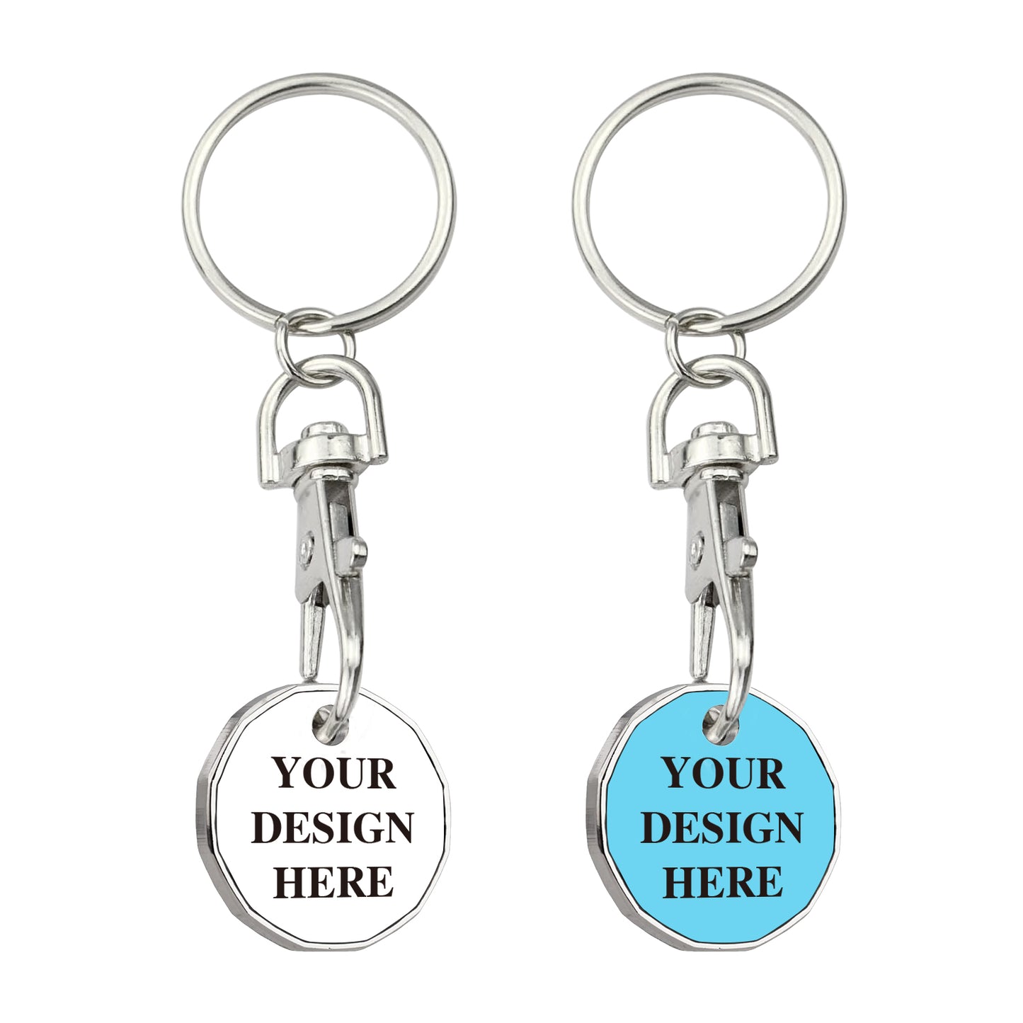 Two personalized trolley coin keychains with silver and light blue metal finishes, showcasing placeholder text for adding text and logos.