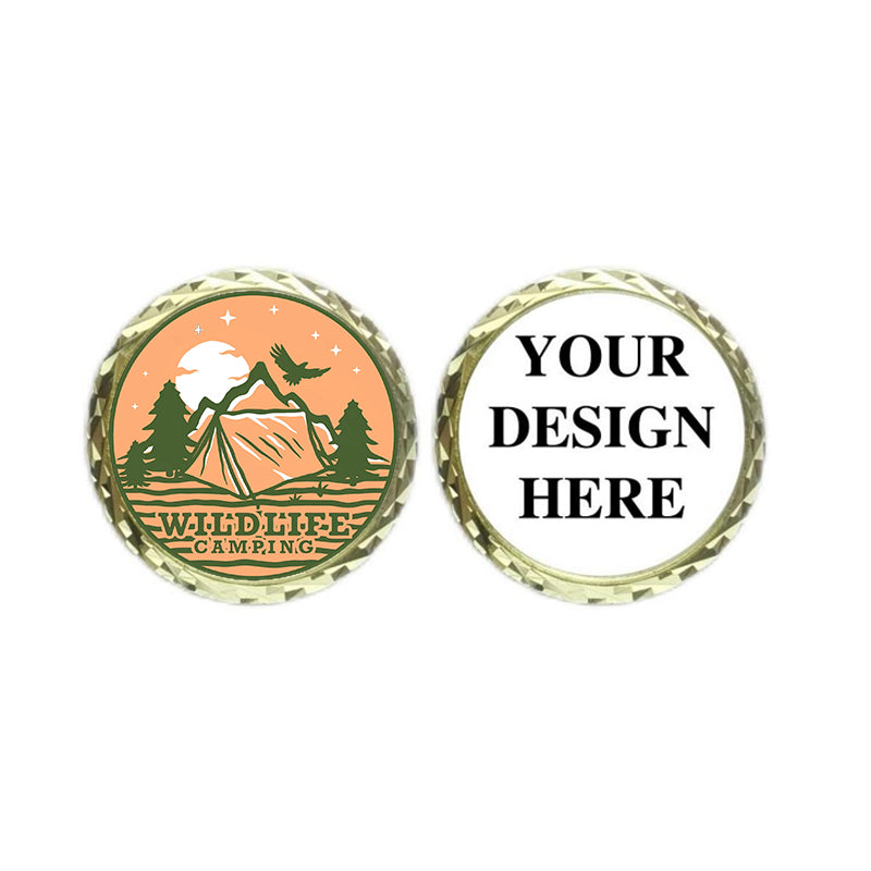 Personalized challenge coin with an orange front depicting a wildlife camping scene and text "WILDLIFE CAMPING", and a white back showing "YOUR DESIGN HERE" for adding designs.