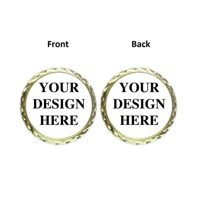 Diagram showing front and back of a golden commemorative coin with placeholder text "YOUR DESIGN HERE" for adding personalized logos and text.