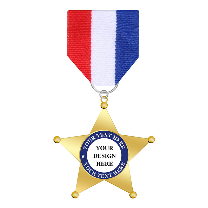 Gold Full-Star Sheriff Medal with no center zone, custom badge shape for cadet award, police prop, or youth law enforcement medal