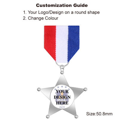 Silver 5-Point Star Law Enforcement Style Medal without center, customizable youth sheriff medal for programs or commemorative gifts