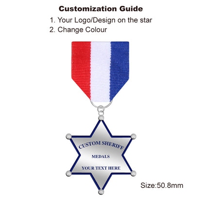 Silver 6-Point Star Law Enforcement Medal with UV seal area, great for replica badges or cadet honor recognition