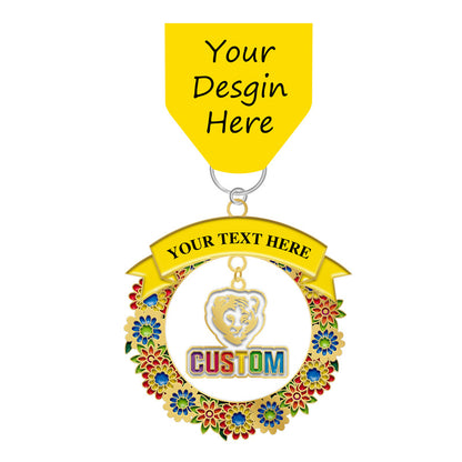 Template for personalized fiesta medals dangler charm with gold base, colorful floral border, and placeholder areas for your text and design.