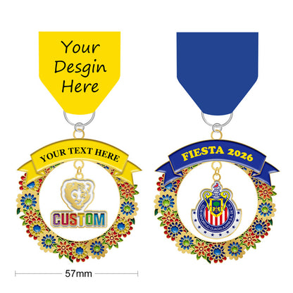 2026 Fiesta medals for soccer team. Personalized fiesta medals dangler charm in gold and blue with floral designs and placeholder areas for your text and design.