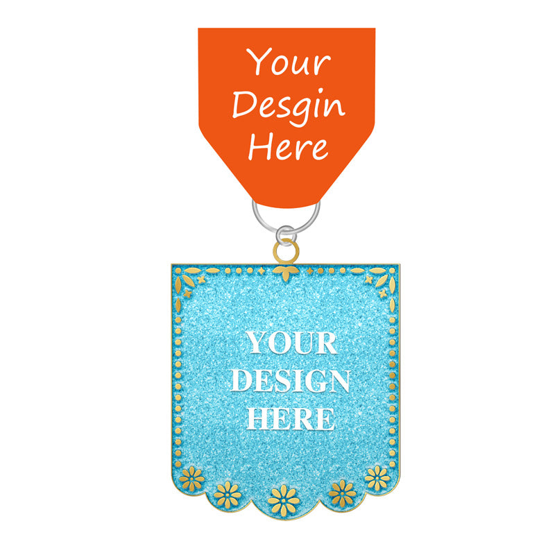 Personalized fiesta medal with glitter blue base, gold accents, floral border, orange-red ribbon, and placeholder for your design and text.