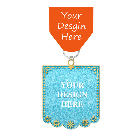 Personalized fiesta medal with glitter blue base, gold accents, floral border, orange-red ribbon, and placeholder for your design and text.