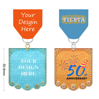 Personalized fiesta medal design templates in 50.8mm size, showing glitter blue and glitter gold options with placeholder text for your event details.