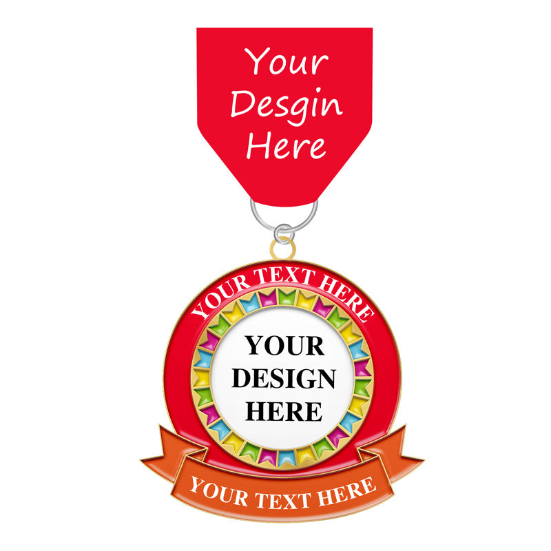 Personalized fiesta medal design template with colorful flag border, red top ribbon, orange bottom streamer, and placeholder areas for your text and logo.