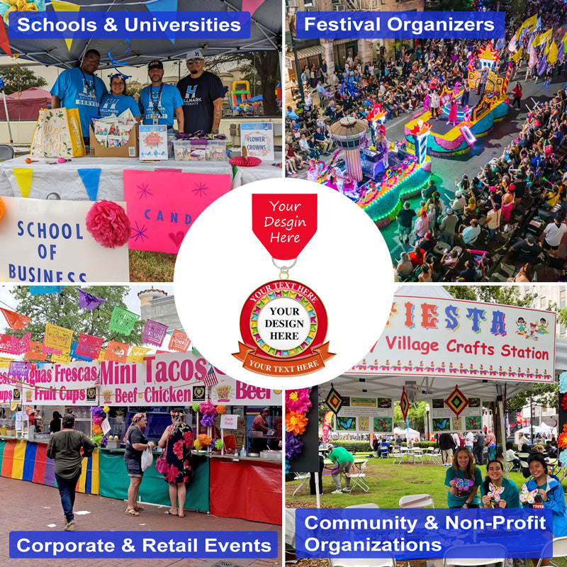 Personalized red ribbon fiesta medals with gold borders for schools, festivals, corporate, and community events featuring your text and design.