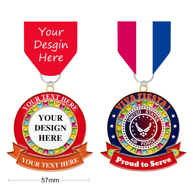Personalized fiesta medal template in 57mm size, showing colorful and blue/gold designs with placeholder text.