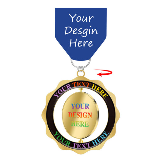 Personalized fiesta spinner medal with a gold base, rotating center, blue top hanger, and placeholder areas for your personalized text and logo.