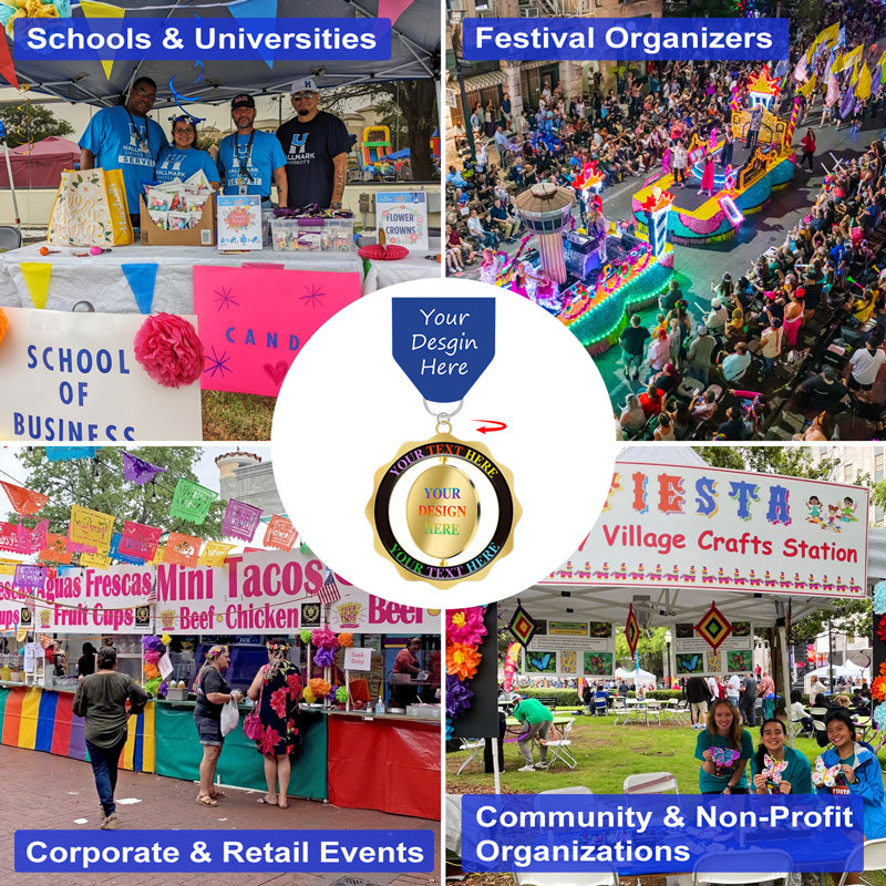 Personalized fiesta spinner medals for schools, festivals, corporate, and community events with a placeholder for your design.