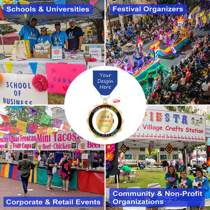 Personalized fiesta spinner medals for schools, festivals, corporate, and community events with a placeholder for your design.