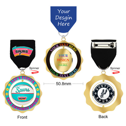 Personalized fiesta spinner medals in 50.8mm size, showing design options with a rotating center, black ribbon, and placeholder areas for your text and design.