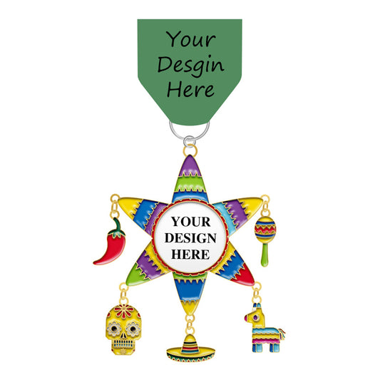 Personalized fiesta medal with a colorful star shape, multiple themed danglers, and placeholder areas for your personalized text and design.