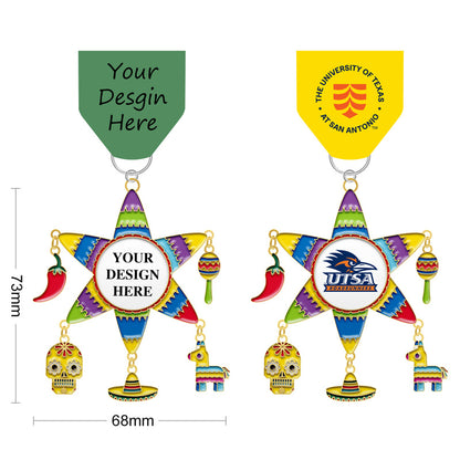 Personalized fiesta medal with a colorful star shape, gold accents, themed danglers, and placeholder for your design, shown alongside an example with personalized university text.