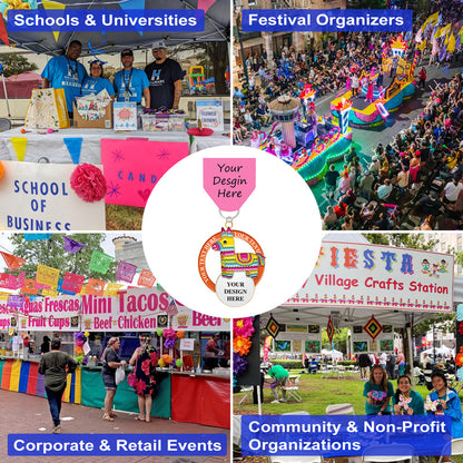 Personalized piñata fiesta medals for schools, festivals, corporate, and community events with design placeholder areas.