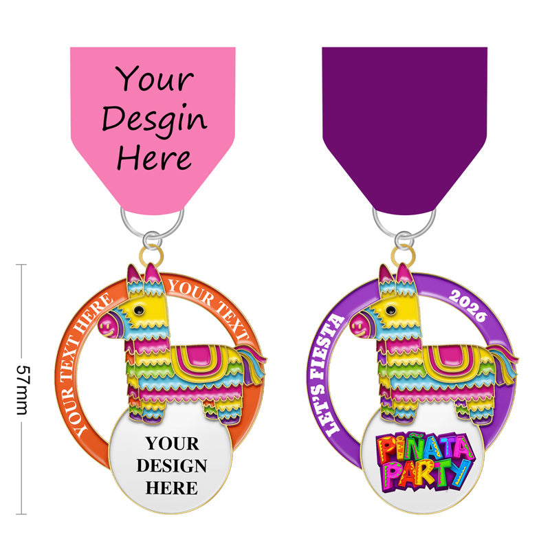 Whataburger Fiesta medal with colorful pinata shapes, pink and purple ribbons, and placeholder areas for your text and logo.