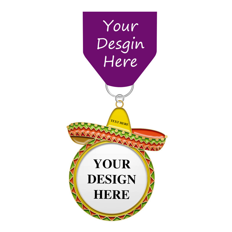 Fiesta medal template with a circular shape, colorful sombrero hat, purple ribbon, and placeholder text for your design.