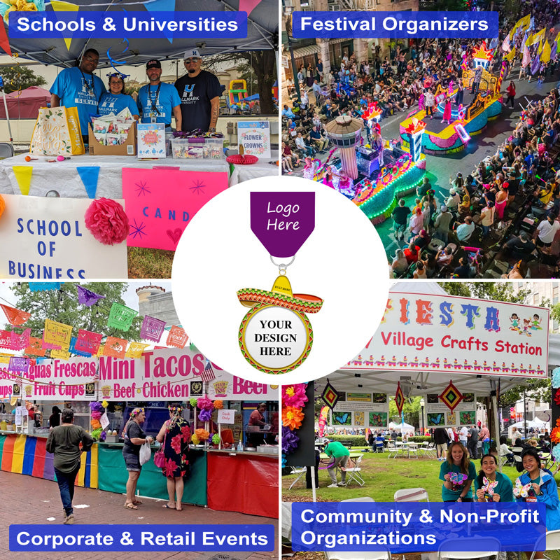 Sombrero-style fiesta medals with placeholder text, showcased in school, festival, corporate, and community event use-case scenarios.