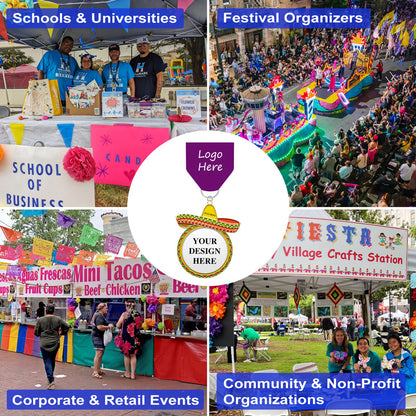 Sombrero-style fiesta medals with placeholder text, showcased in school, festival, corporate, and community event use-case scenarios.