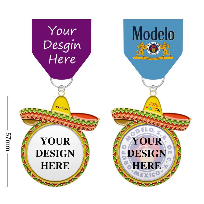 Fiesta san antonio medals fits for Mexico Beerfest. Sombrero-style fiesta medals with yellow hats, red and green trim, colorful ribbons, and example text for your design.