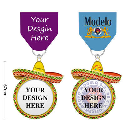 Fiesta san antonio medals fits for Mexico Beerfest. Sombrero-style fiesta medals with yellow hats, red and green trim, colorful ribbons, and example text for your design.