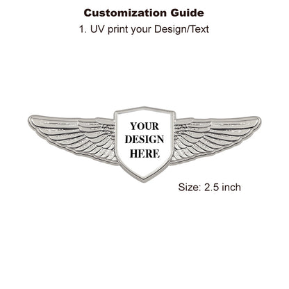 Silver Air Force Wings Pin with Custom Shield Logo - 2.75 inch