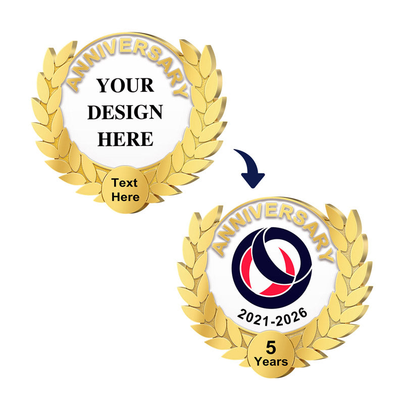 Anniversary Pins in Gold Featuring Before-And-After Customization Layout With Laurel Wreath Border Showcasing Transition From Generic Template With YOUR DESIGN HERE And Text Here To Finalized Design With Abstract Swirl Design In Blue Red And White And Custom 2021-2026 And 5 Years Text For Custom Brand Commemoration