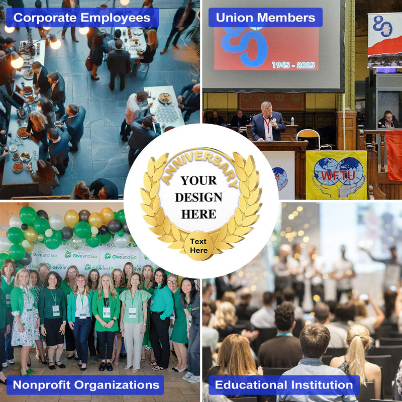 Anniversary Pins Customizable Gold Design Template Featuring Laurel Wreath Border and Central YOUR DESIGN HERE Area Showcasing Four Application Scenes For Corporate Employees Union Members Nonprofit Organizations And Educational Institutions For Versatile Customization And Organizational Commemoration