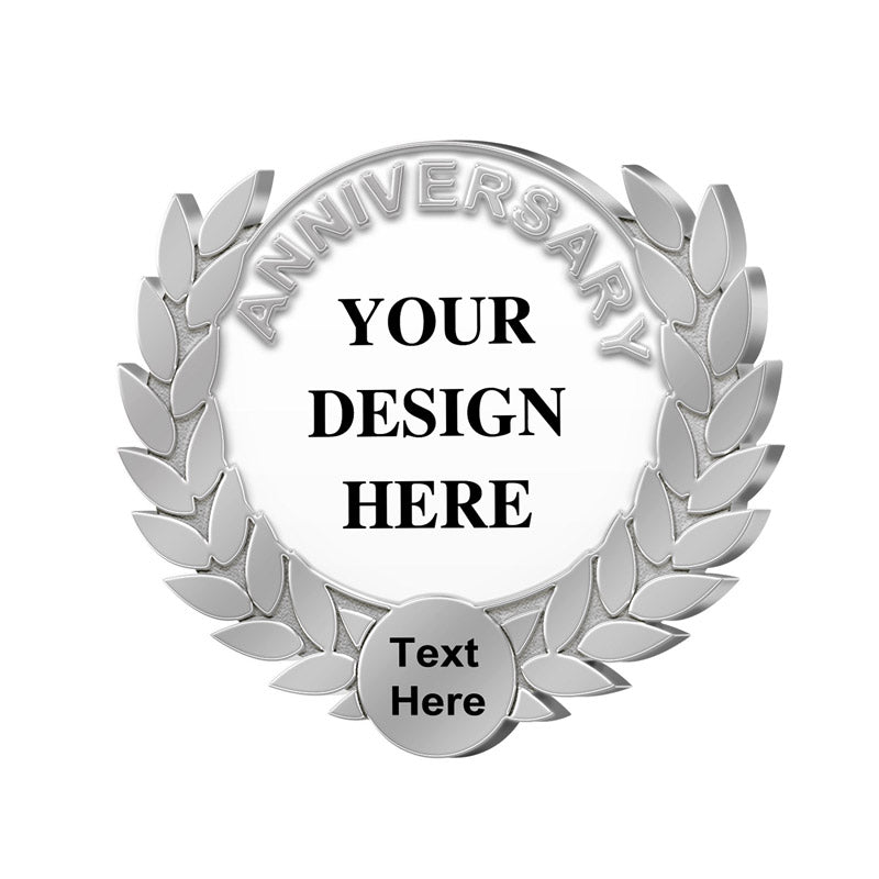 Anniversary Lapel Pins Design Template in Silver with 3D Laurel Wreath Border Featuring Central Circular Customizable Area with ANNIVERSARY Text and YOUR DESIGN HERE And Text Here Placeholders For Custom Brand Commemoration And Recognition