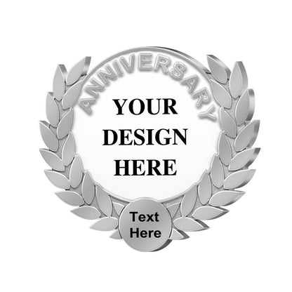 Anniversary Lapel Pins Design Template in Silver with 3D Laurel Wreath Border Featuring Central Circular Customizable Area with ANNIVERSARY Text and YOUR DESIGN HERE And Text Here Placeholders For Custom Brand Commemoration And Recognition