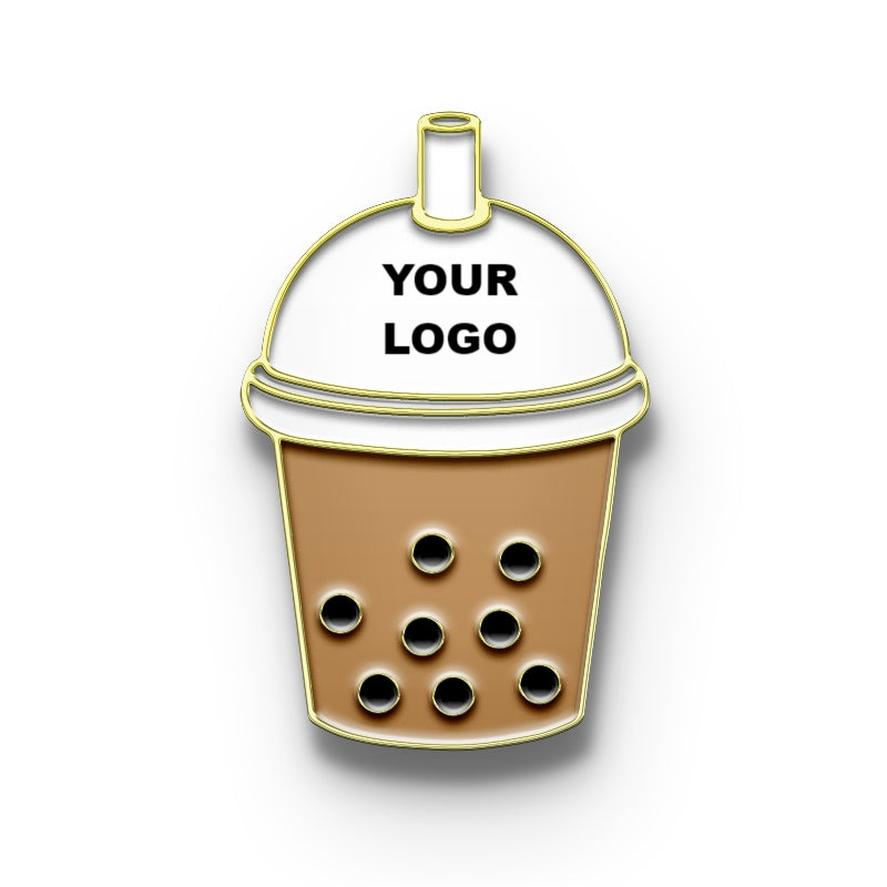 A pin with a design resembling a bubble tea cup with a placeholder for a custom logo
