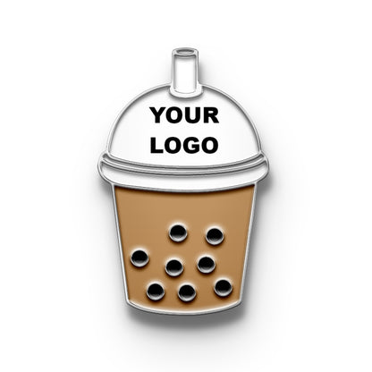 A pin with a design resembling a bubble tea cup with a placeholder for a custom logo