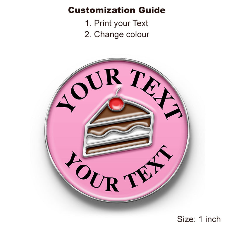 Personalize a silver celebration cake pin with your own text