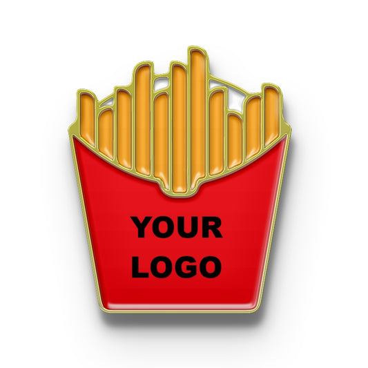 A metal pin with a design of crispy fries in a red container with a placeholder for a custom logo.