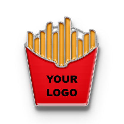 A metal pin shaped like a fast food fry container with a red and yellow color scheme. The container has a customizable text space that reads 'YOUR LOGO'.