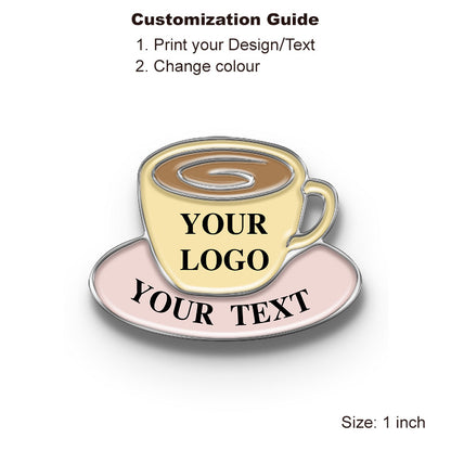 Silver Custom coffee cup pin, with your logo and text