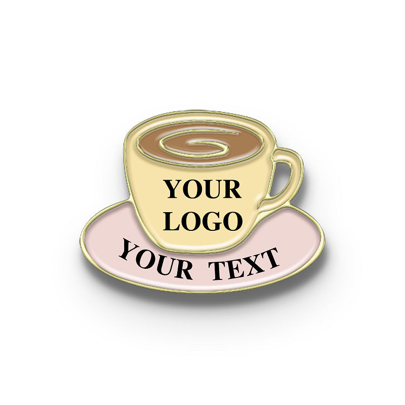 Gold coffee cup pin, personalized with logo and text