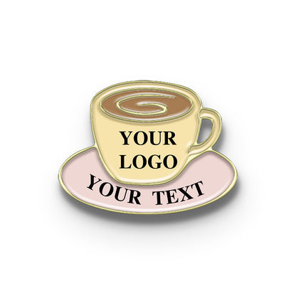 Gold coffee cup pin, personalized with logo and text