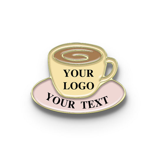 Gold coffee cup pin, personalized with logo and text
