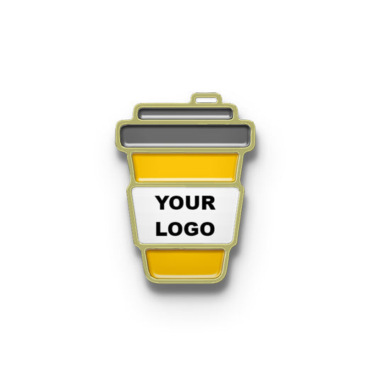 Gold coffee pin, custom logo, takeaway cup design