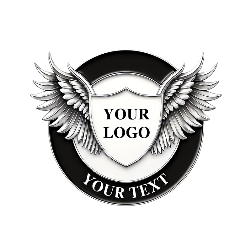 Personalized Silver Wings and Shield Pin, Custom Round Eagle Wing Logo Badge for Organizations.