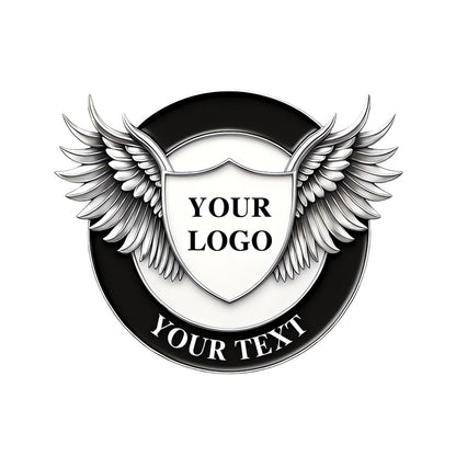 Personalized Silver Wings and Shield Pin, Custom Round Eagle Wing Logo Badge for Organizations.